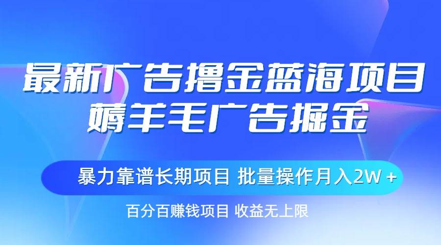 最新广告撸金蓝海项目，薅羊毛广告掘金 长期项目 批量操作月入2W＋-享创网