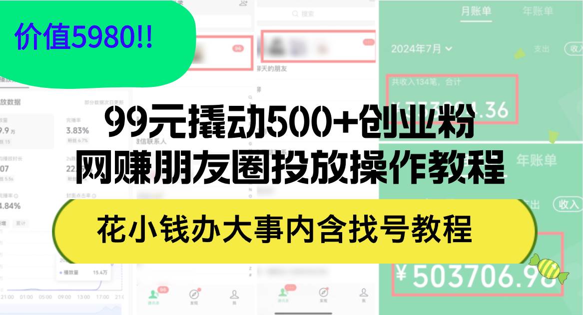 99元撬动500+创业粉，网赚朋友圈投放操作教程价值5980！花小钱办大事内…-享创网