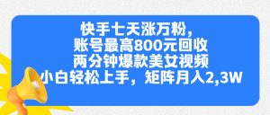 快手七天涨万粉，但账号最高800元回收。两分钟一个爆款美女视频，小白秒上手-享创网